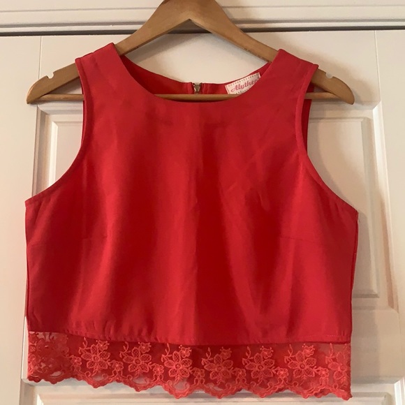 Lulus Baltic border coral color crop top lace - Picture 5 of 8